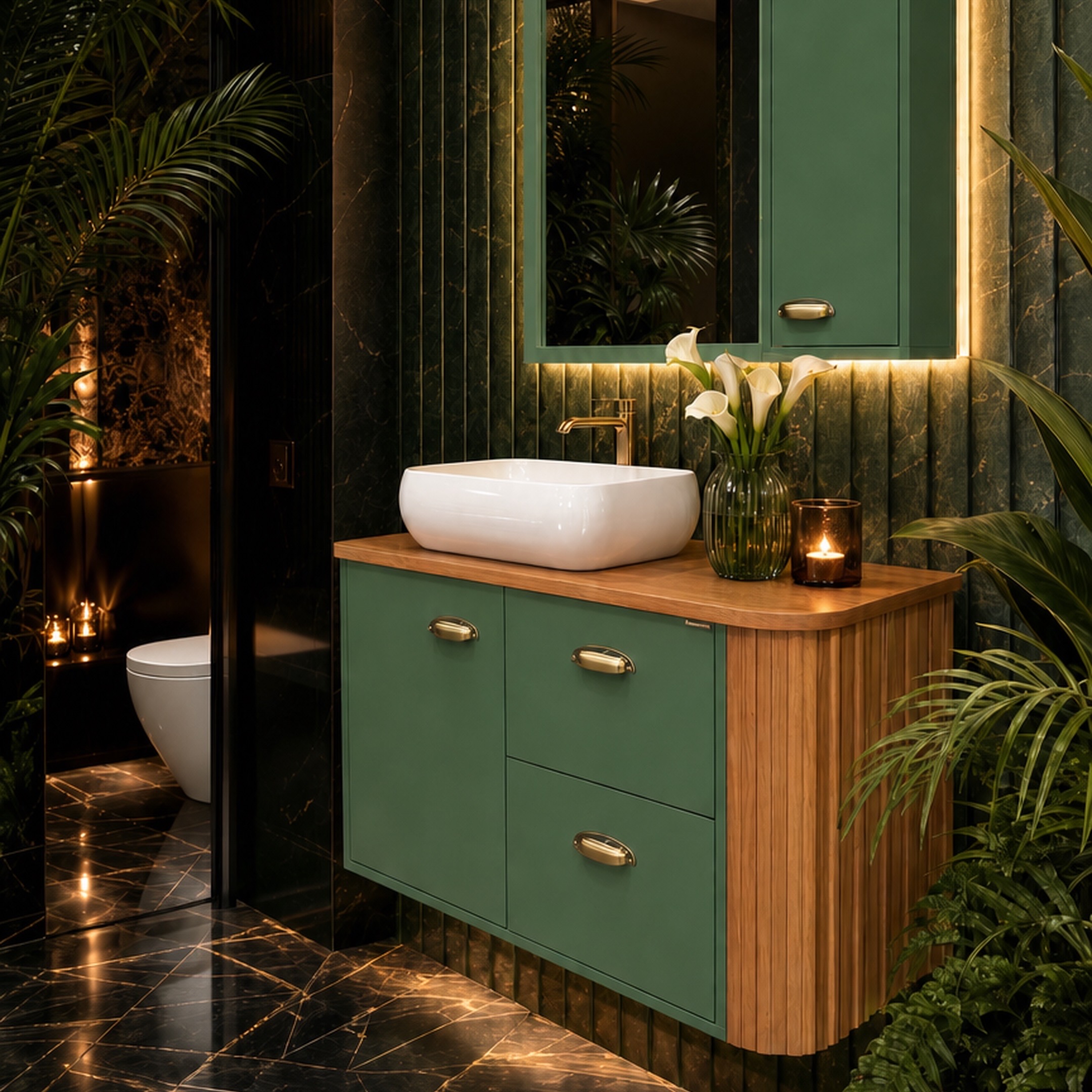 Imagem ambientada de IA ilustrativa do Bellagio em verde, com tampo amadeirado, cuba de apoio e lateral ripada em banheiro escuro