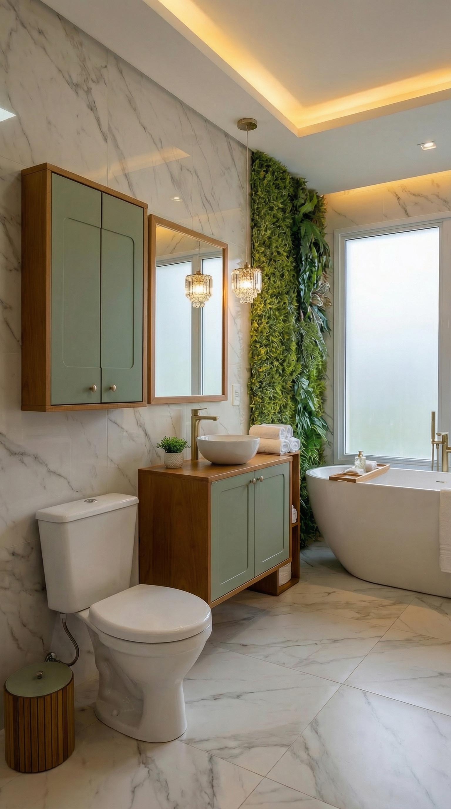 Imagem ambientada de IA ilustrativa do Calábria 70 cm verde em banheiro com banheira e jardim vertical; cenário e detalhes podem diferir do produto real