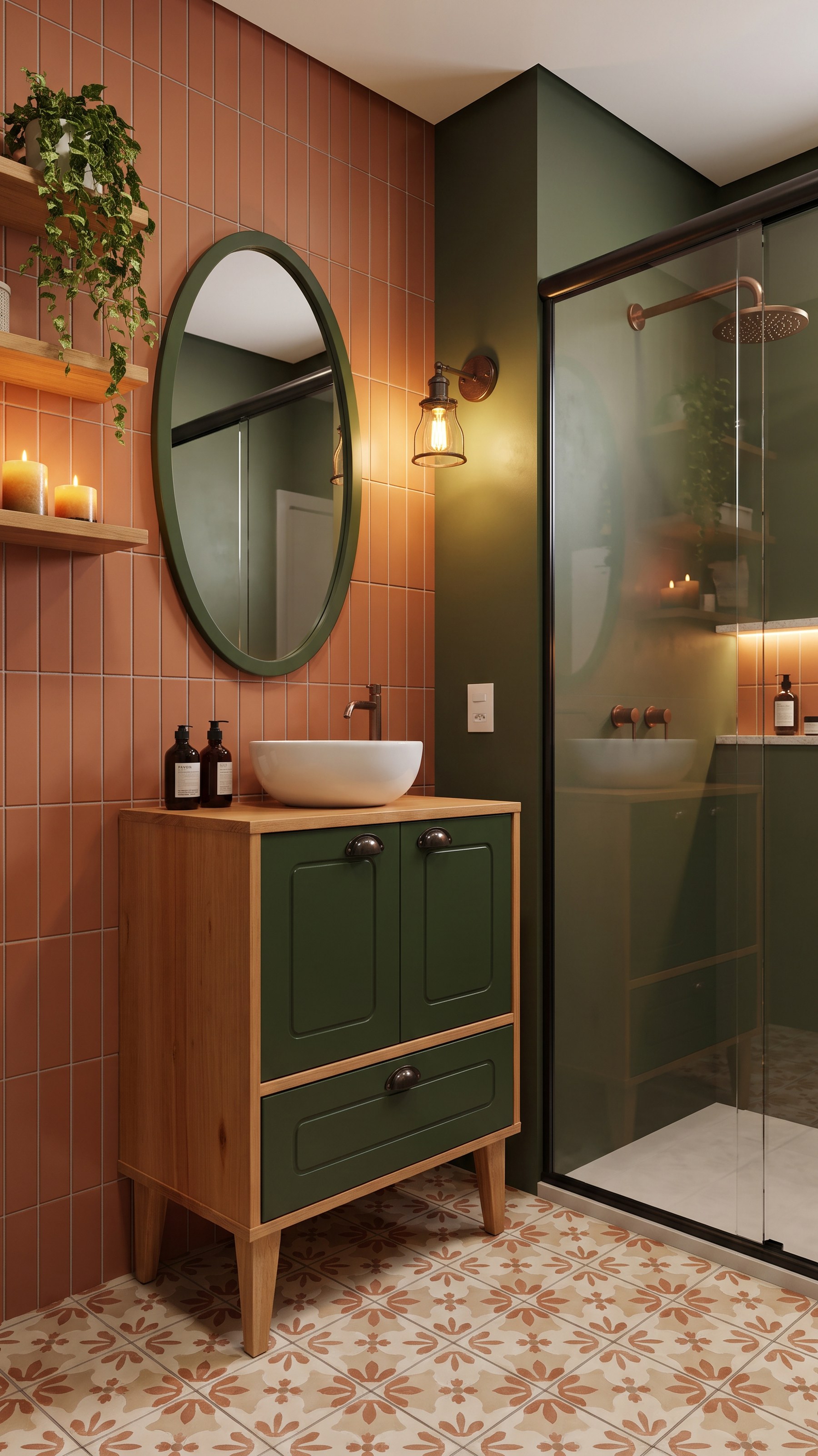 Imagem ambientada de IA ilustrativa do Firenze 60 cm verde em banheiro com revestimento terracota