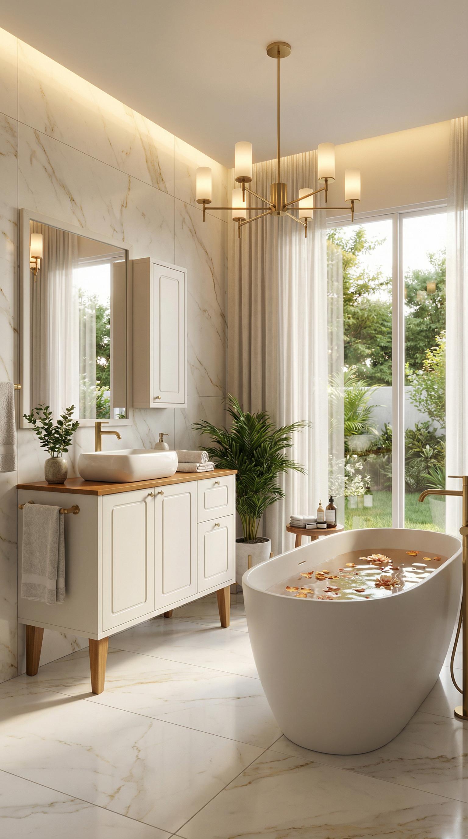 Imagem ambientada de IA ilustrativa do Portofino claro com tampo amadeirado em banheiro com banheira e jardim; detalhes podem diferir da peça real